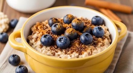 Healthy breakfast bowl of oatmeal topped with fresh blueberries and granola