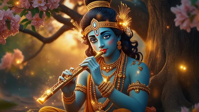 Digital illustration of Lord Krishna playing a flute under a blooming tree with warm, golden lighting and a serene mood.