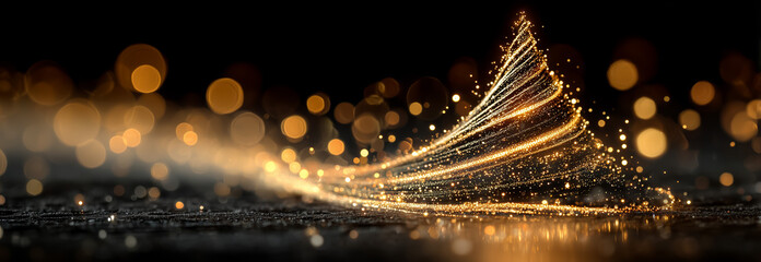 Abstract golden light trails with bokeh effects on dark background