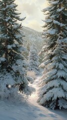 gentle snowfall in a mountain valley, soft snow on pine trees, tranquil and cozy, morning light, detailed, realistic