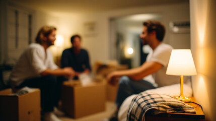 Cozy indoor scene with three friends sitting and talking in a warmly lit living room surrounded by moving boxes and soft lighting