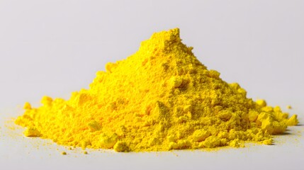 Macro shot of a substantial pile of bright yellow sulfur powder elegantly displayed on a transparent backdrop that emphasizes intricate texture details and luminous vibrancy