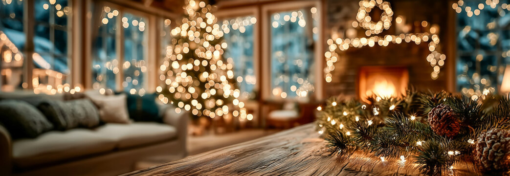 Cozy christmas living room with decorated tree and warm fireplace