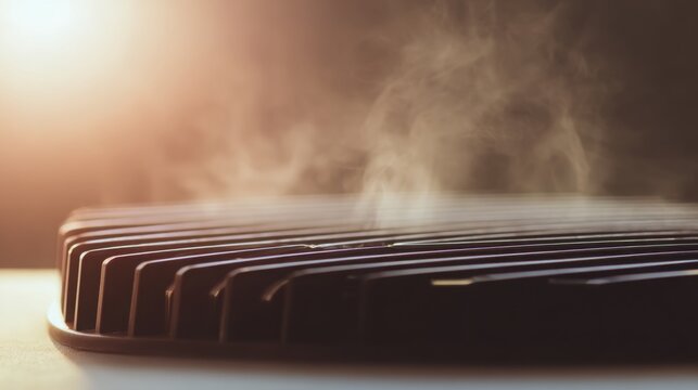 intercooler close up with visible heat haze rising above it, minimalist industrial background, soft neutral light, high detail, calm technical