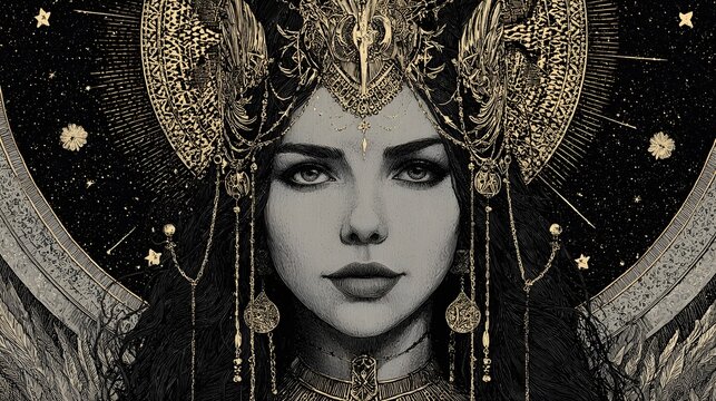 Exquisite Depiction of Sumerian Goddess Inanna with Celestial Backdrop and Radiant Gold Crown