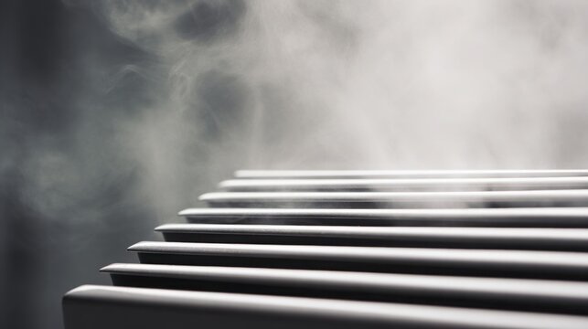 intercooler close up with visible heat haze rising above it, minimalist industrial background, soft neutral light, high detail, calm technical