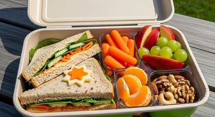 Healthy and delicious packed lunchbox with sandwiches fruit vegetables and nuts for a picnic