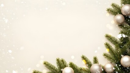 Bright elegant Christmas background in ivory white and pine green with gentle falling snow, natural pine branches, matte ornaments, soft glow highlights, spacious copy space, minimal luxury holiday de