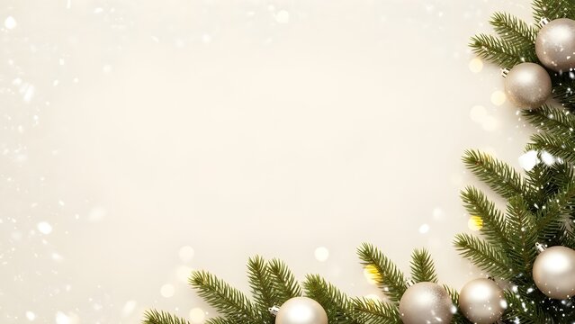 Bright elegant Christmas background in ivory white and pine green with gentle falling snow, natural pine branches, matte ornaments, soft glow highlights, spacious copy space, minimal luxury holiday de - Powered by Adobe