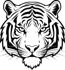 Tiger Head Line Art – Isolated on Transparent Background Bold Symmetrical Wild Cat Vector Illustration
