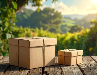 Eco-Friendly Packaging on Rustic Table with Vineyard View for sustainable shipping