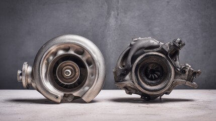split composition showing a brand new turbocharger on one side and a worn damaged turbocharger on the other side, minimalistic background, soft