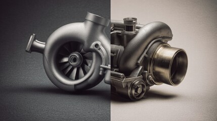 split composition showing a brand new turbocharger on one side and a worn damaged turbocharger on the other side, minimalistic background, soft