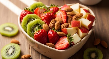 Heart shaped bowl filled with fresh strawberries kiwi slices almonds and diced apples a healthy snack