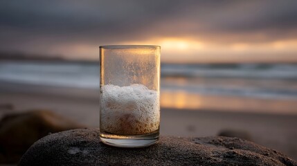 A glass of effervescent golden drink with frothy foam sits on a rock on a beach as the sun sets over the ocean