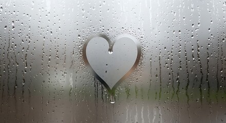 Heart shape drawn on a steamy window with raindrops and condensation