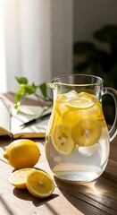 Refreshing pitcher of infused water with lemon slices and mint on a wooden table with natural light