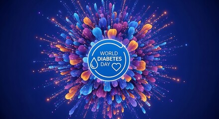World diabetes day awareness graphic with blue circle and colorful exploding particles