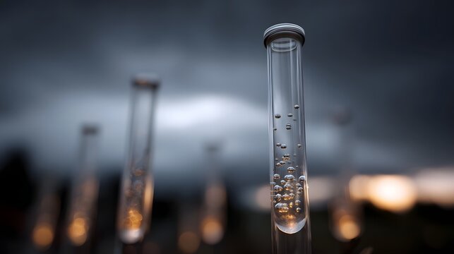 Clear test tubes filled with tiny bubbles stand against a dark stormy sky at dusk