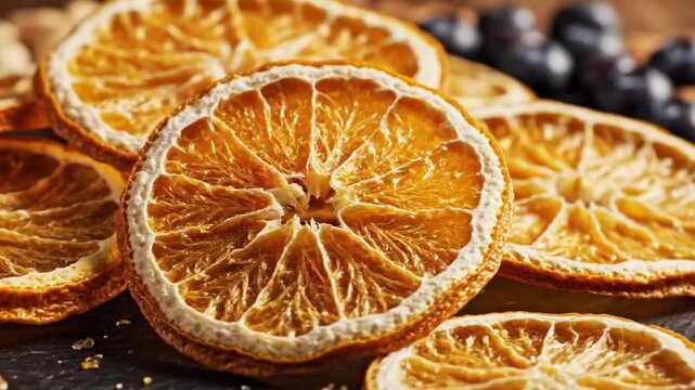 A vibrant close-up captures an arrangement of meticulously prepared dried citrus slices, showcasing their intricate textures and warm, golden-orange hues. The translucent segments and delicate pith ar