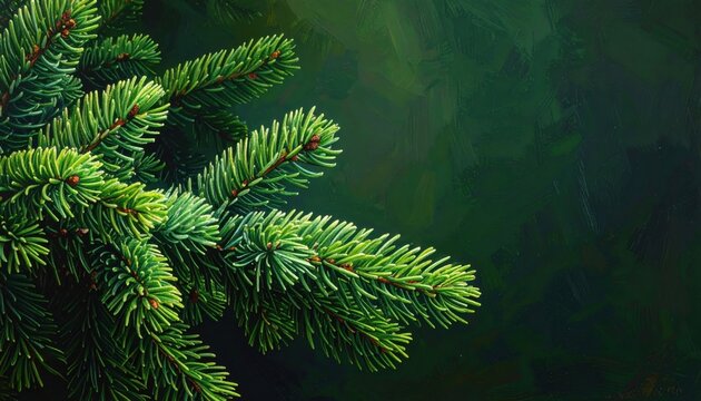 Elegant close-up of vibrant green pine needles against a luxurious dark backdrop evokes winter cheer and fresh holiday spirit perfect for seasonal designs