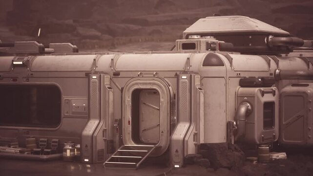 A futuristic colony base rests on a rugged alien landscape, showcasing advanced technology and equipment. The settlement represents human ingenuity in extraterrestrial exploration and habitation.