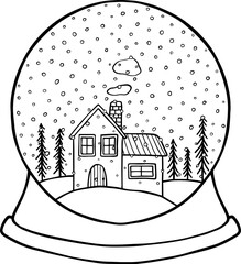 Snow globe with little house and snowy landscape