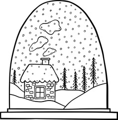 Snow globe with little house and snowy landscape