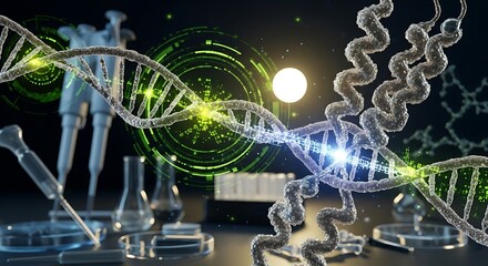 Futuristic laboratory research with glowing dna strands and scientific equipment in a dark setting