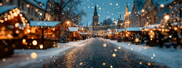 Fototapeta premium Charming winter market scene with lights and snowfall in evening