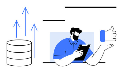 Business analytics, data management, growth tracking, success evaluation, database optimization, approval. Database with upward arrows and a person holding a tablet alongside a thumbs-up. Business