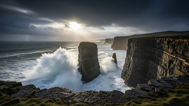 Dramatic Coastal Clash Waves Assaulting Sea Stacks Under Stormy Skies