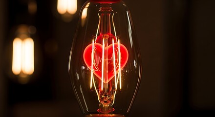 Vintage edison light bulb with glowing red heart filament inside creating a warm romantic atmosphere