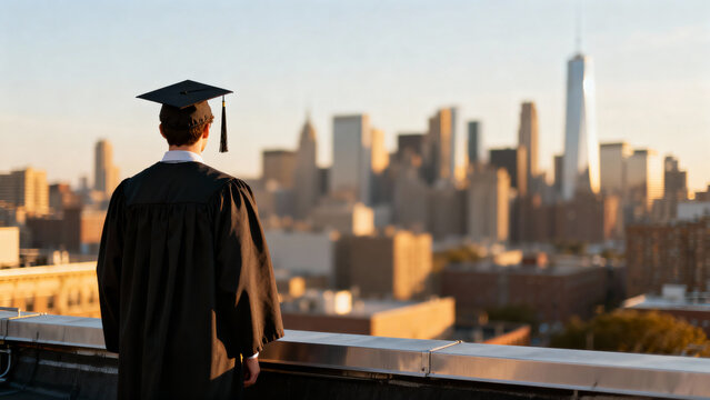 Young Male College Grad in Cap & Gown, Back View on Rooftop City Skyline