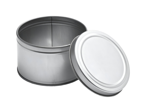 Open round metal tin can with detached lid showing empty silver storage container for food or household items on isolated background
