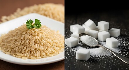 Split image showing pile of uncooked brown rice on white plate and sugar cubes with granulated sugar on dark surface