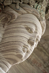 Serene Guanyin Bodhisattva Face with Ornate Crown Carved in Layered Sandstone at Mingshan Temple Anyue China