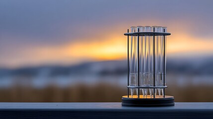 A rack of scientific test tubes filled with liquid stands on a surface against a blurred atmospheric sunrise sky