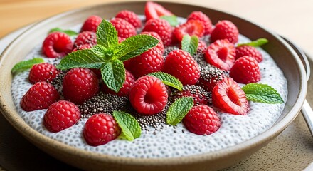 Healthy breakfast bowl with chia seeds raspberries and fresh mint leaves