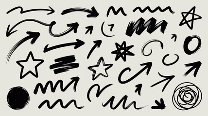 Collection of hand drawn black arrows stars circles and scribbles on light background