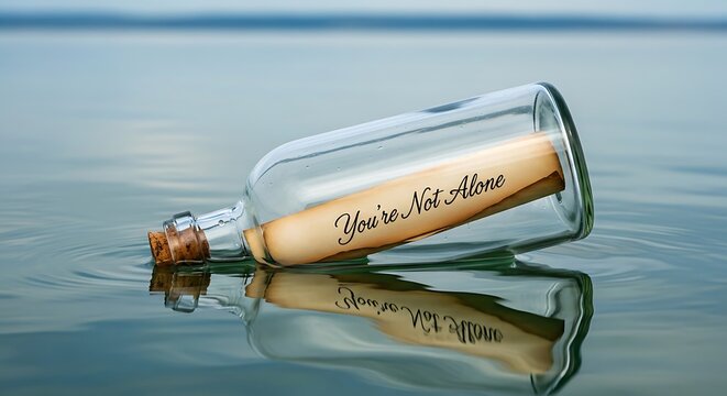Message in a bottle floats on calm ocean water with reflection and cork stopper