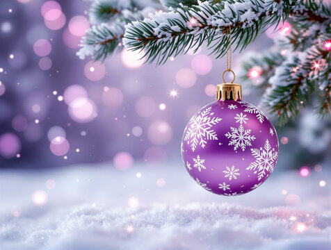 Purple Christmas ornament with white snowflake pattern hanging on a snow-covered pine branch with a magical bokeh background