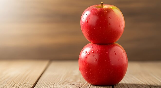 Two ripe red apples stacked vertically on a rustic wooden table with water droplets