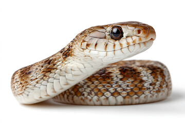 Fototapeta premium A stunning closeup of a beautiful snake, a magnificent reptile animal, with its detailed brown and white scales coiled against a clean whitebackground.