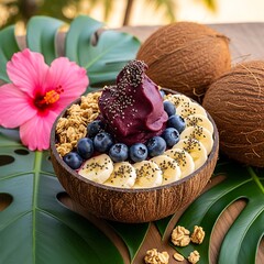 Delicious and healthy acai bowl served in a natural coconut shell with fresh fruit and granola