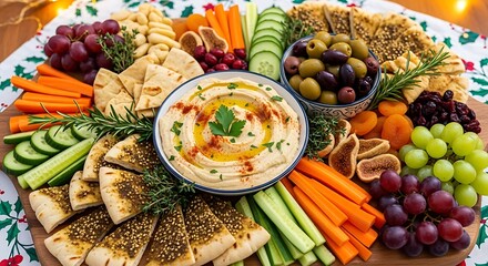 Abundant and colorful mezze platter with hummus vegetables fruits and pita bread