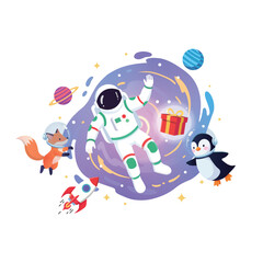 Cute Space Adventure with Astronaut, Fox, Penguin and Floating Gift – Cosmic Cartoon Illustration