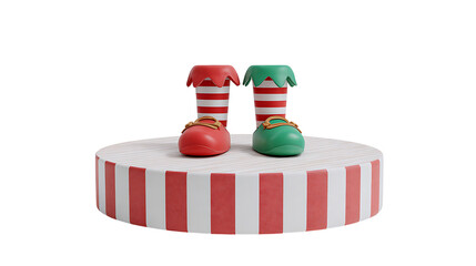 Christmas elf boots on a striped podium isolated on transparent background