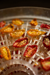 Bright red and yellow cherry tomatoes are arranged in a dehydrator, drying under warm air. This healthy method preserves their flavor, perfect for summer snacks.