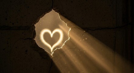 A glowing heart shape projected onto a textured surface illuminated by dramatic light rays